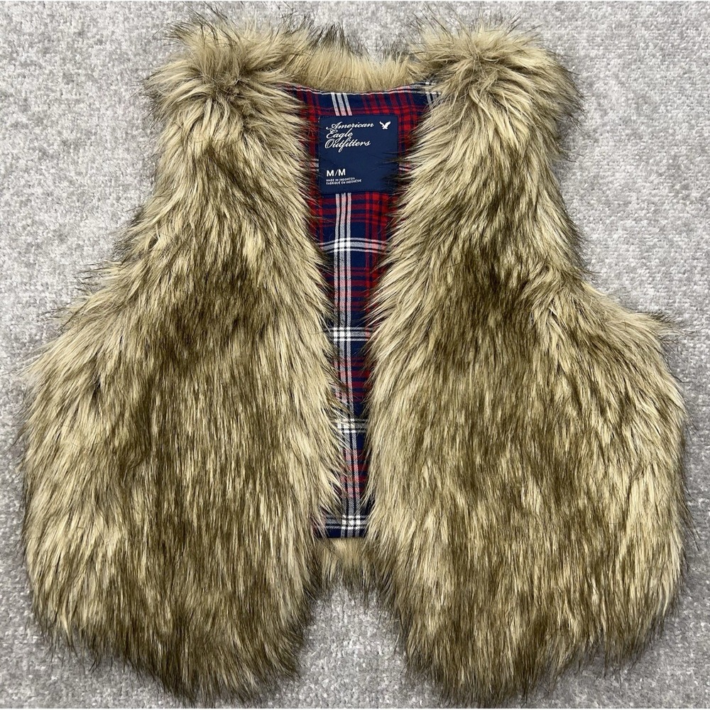 AMERICAN EAGLE Womens Medium Faux Fur Vest Open Front Plaid Lined Boho Indie Y2K